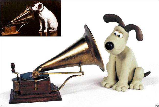Gromit guests in an image familiar from the original painting, His Master's Voice, which became the HMV logo.