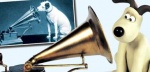 Gromit listens to an old gramophone, in HMV's popular logo.